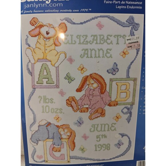 Vintage Janlynn Sleepy Bunnies Birth Sampler Cross-Stitch Kit 054-0064 - Picture 3 of 4